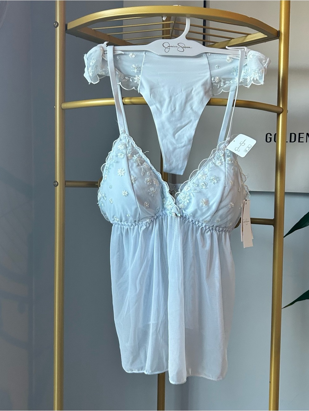 Jessica Simpson blue Sheer Embroidered Babydoll lingerie honeymoon Set size M